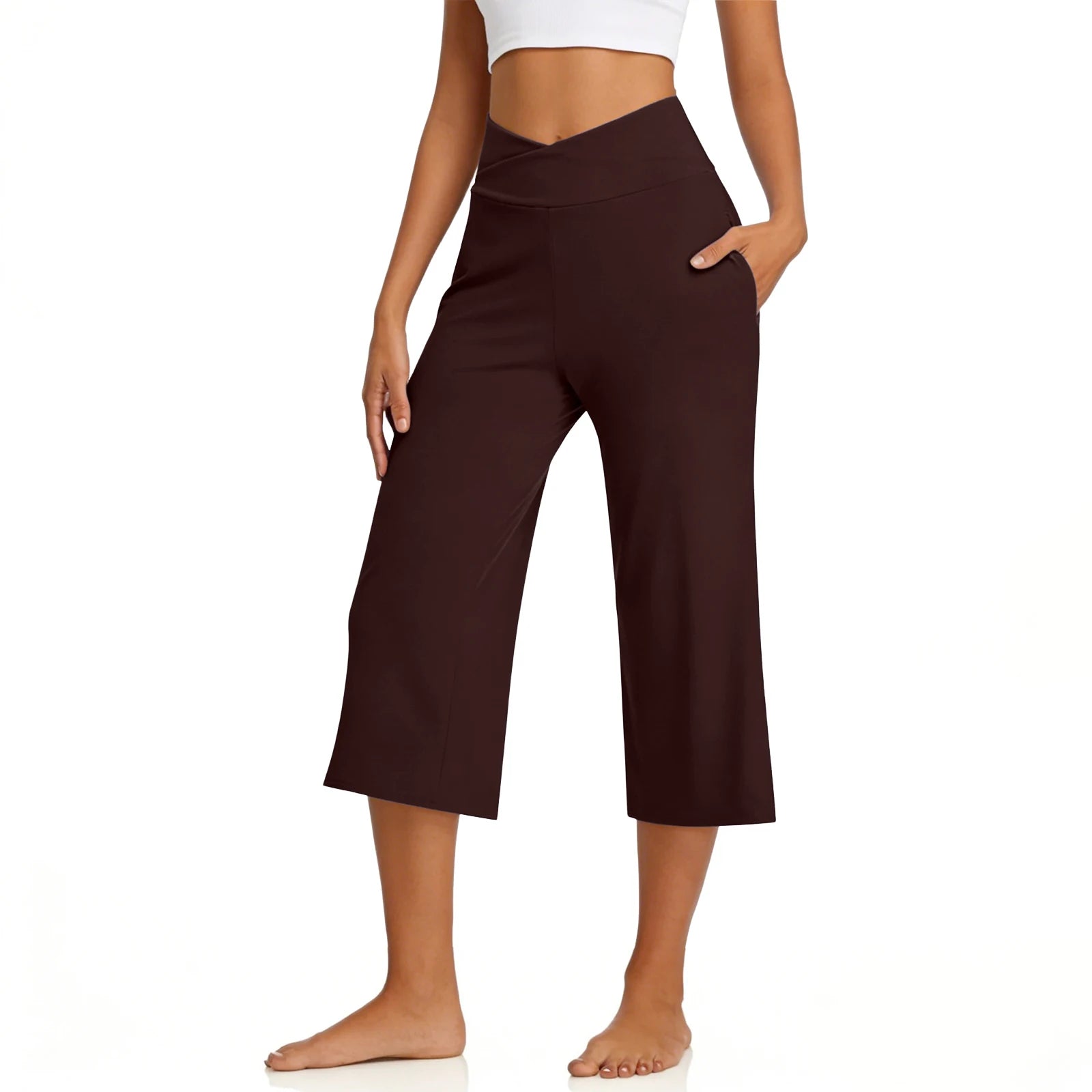 Womens Wide Leg Yoga Pants Capris High Waist Casual Loose Workout Crop Pants Pockets 와이드팬츠