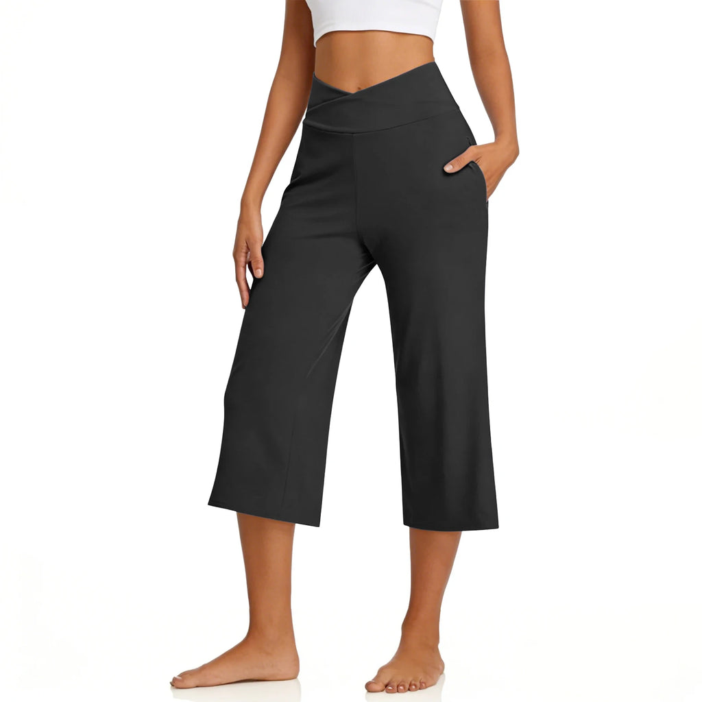 Womens Wide Leg Yoga Pants Capris High Waist Casual Loose Workout Crop Pants Pockets 와이드팬츠