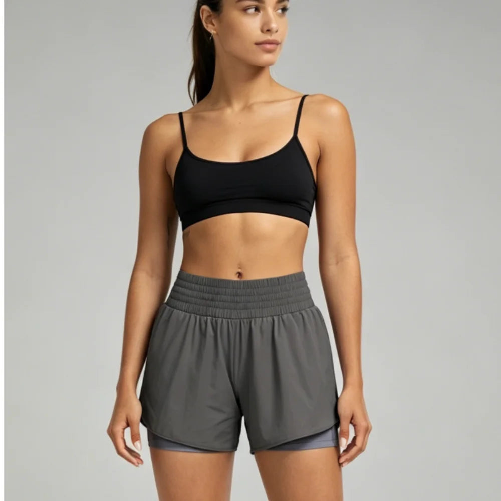 Women'S Summer New High Waist Two-In-One Quick Drying Shorts with Zipper Pocket and Loop for Fitness Running Yoga