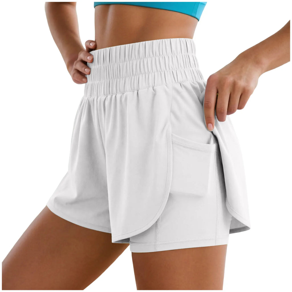 Women Gym Yoga Workout Shorts Athletic High Waisted Shorts Running Sportswear Breathable Double Layered Side Pockets Short Pants