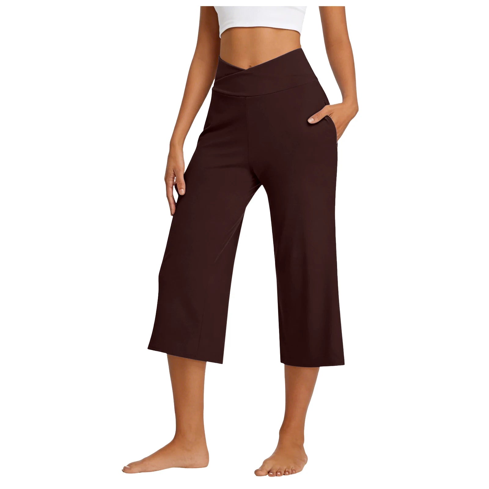Womens Wide Leg Yoga Pants Capris High Waist Casual Loose Workout Crop Pants Pockets 와이드팬츠