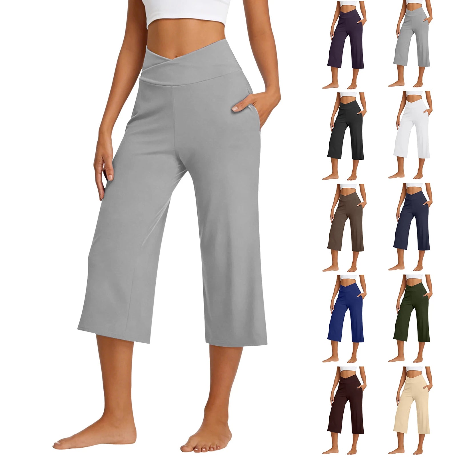 Womens Wide Leg Yoga Pants Capris High Waist Casual Loose Workout Crop Pants Pockets 와이드팬츠