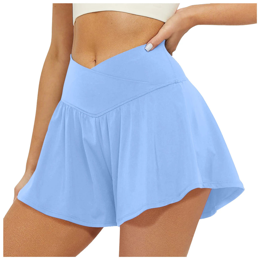Women'S High Waisted Sport Shorts Double Layered Flowing Tennis Fitness Running Shorts Female Summer Casual Solid Short Pants