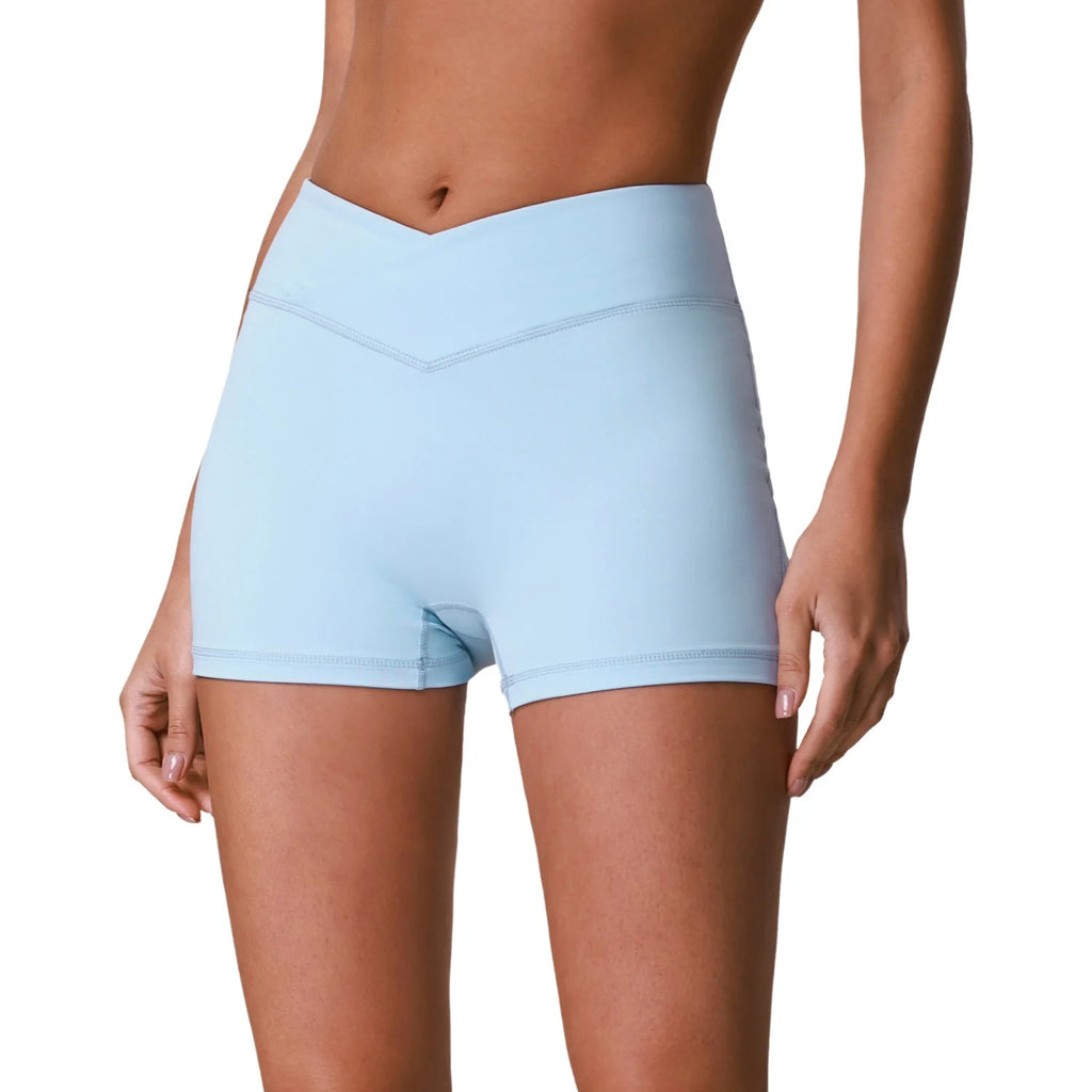 Naked Sensation High Waist Fitness Yoga Shorts Cross V Waist Butt Lifting Three Quarter Length Running Sports Shorts for Women
