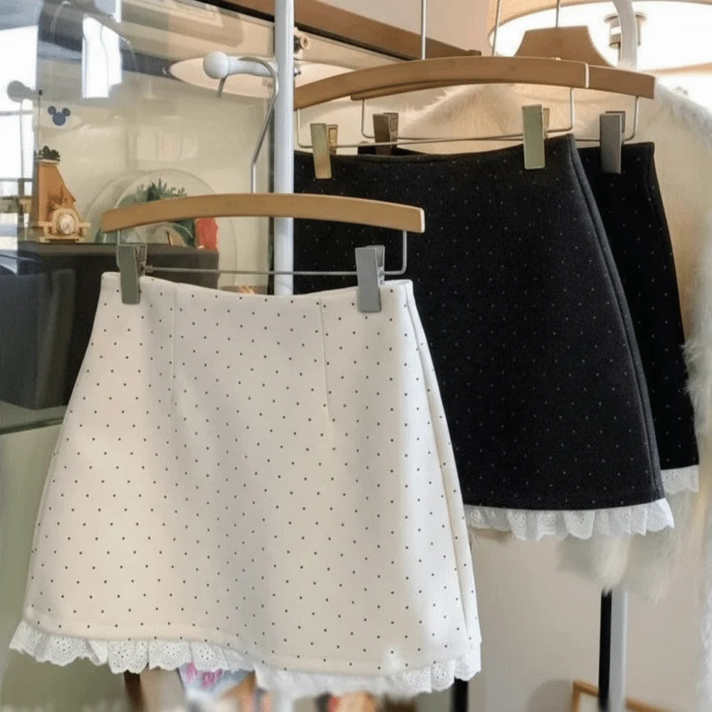 Sweet Elegant Mini Skirt High Waist Polka Dot Pattern Lace Skirt Retro Style Lace Ruffles Polka Dot Skirt Women Summer Wear