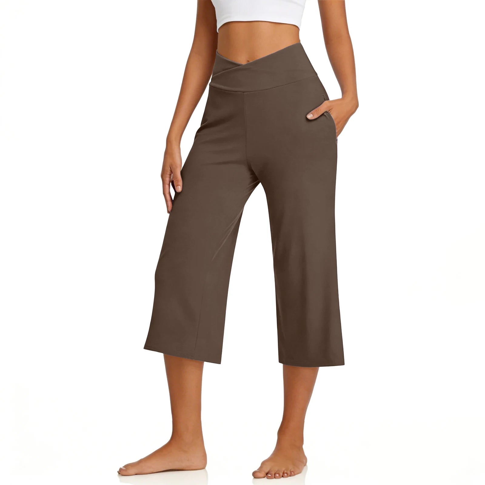 Womens Wide Leg Yoga Pants Capris High Waist Casual Loose Workout Crop Pants Pockets 와이드팬츠