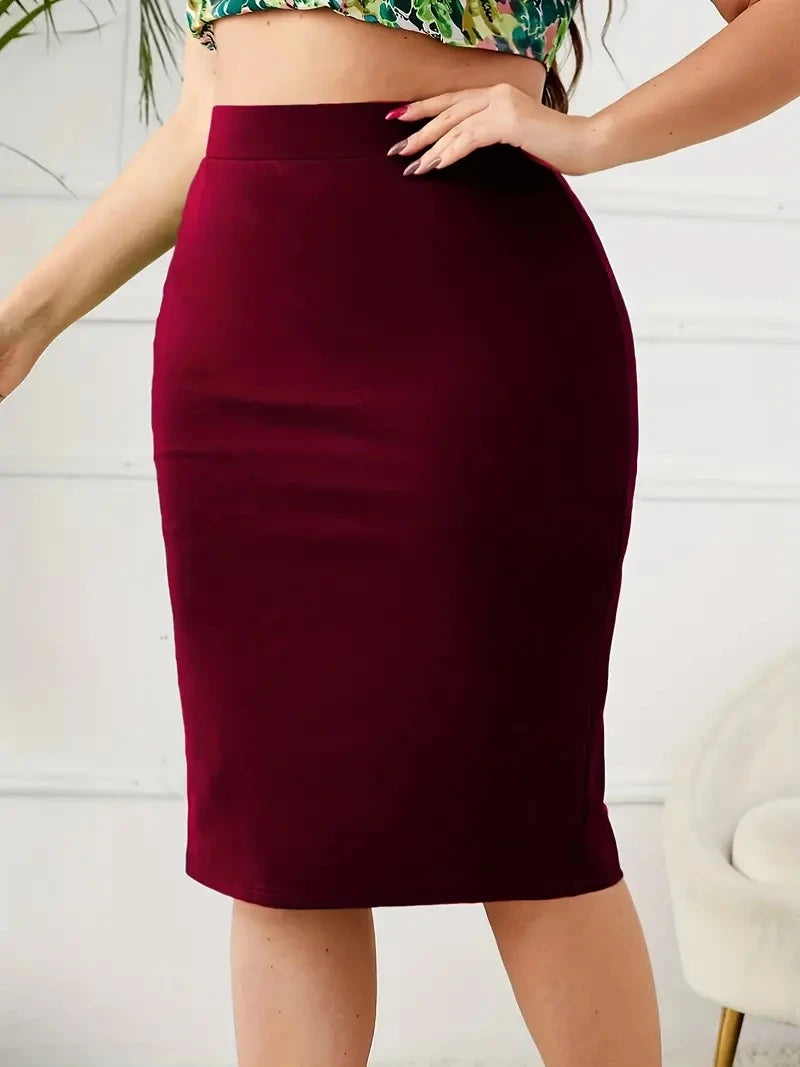 Summer plus Size Solid Slim Skirt, Casual High Waist Slit Skirt, Women'S plus Sizeclothing