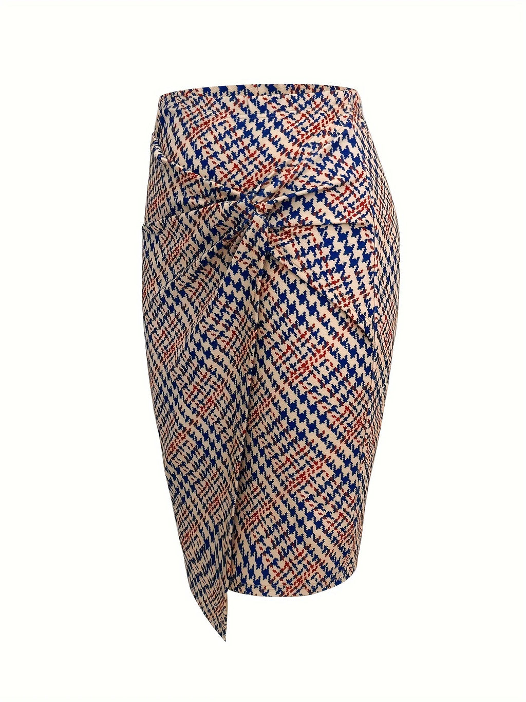 Women'S Houndstooth Print Pencil Skirt | Twisted Knot Midi Skirt with Asymmetrical Hem