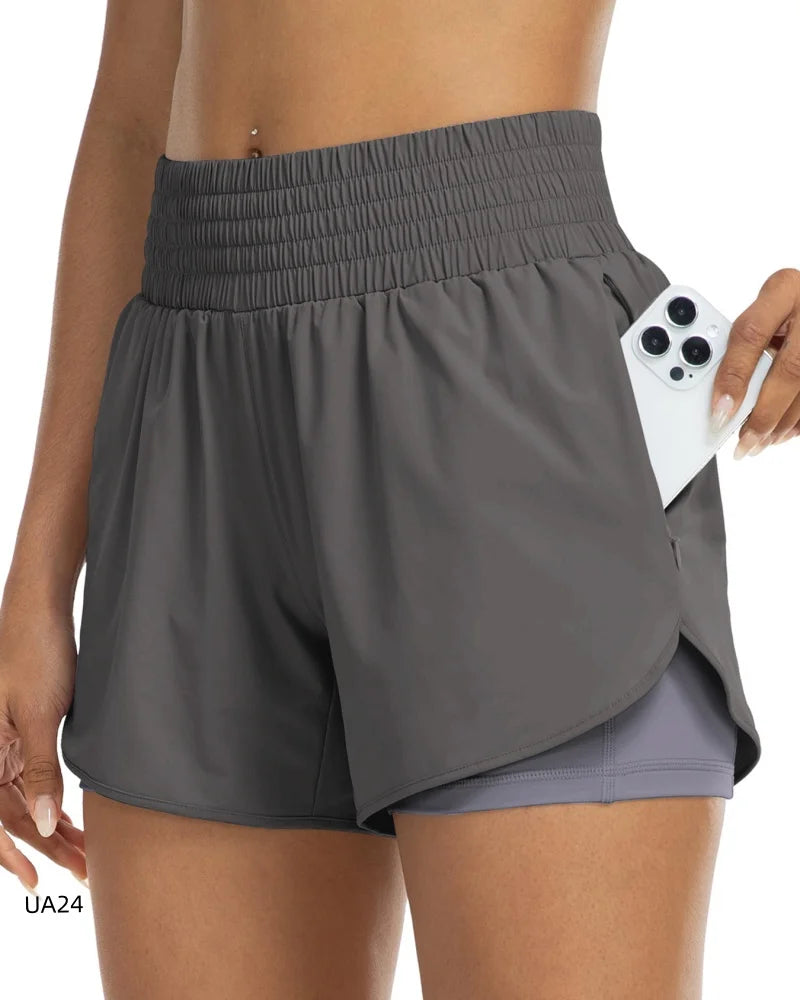 Women'S Summer New High Waist Two-In-One Quick Drying Shorts with Zipper Pocket and Loop for Fitness Running Yoga