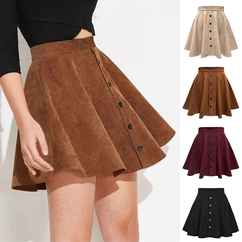 Fashion High Waist Pleated Fluffy Skirt Women Elegant Single-Breasted Design Corduroy A-Line Skirts Autumn Winter Mini Skirts