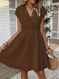 French Lace V-Neck Fitted Dress with Waistline and Short Puff Sleeves. Striped Texture Short Skirt with Vertical Lines. Beach-St