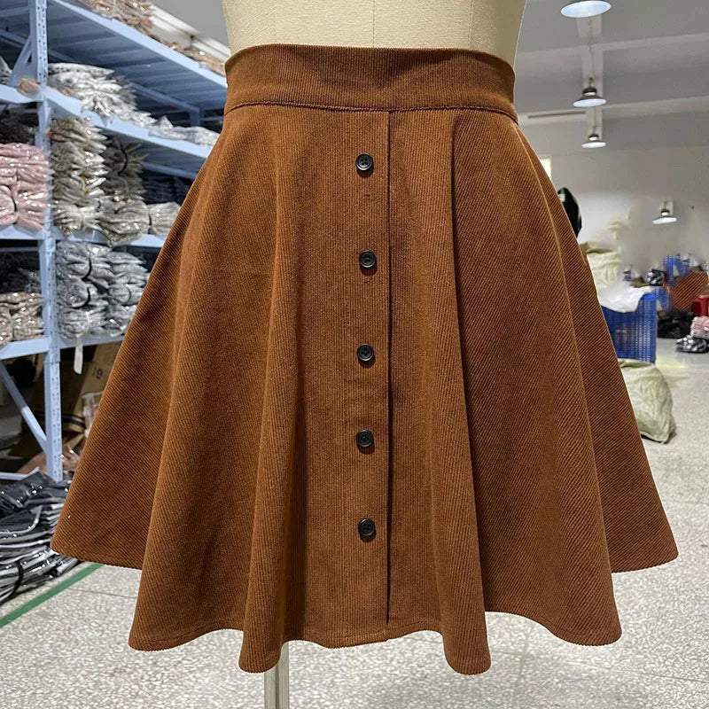 Fashion High Waist Pleated Fluffy Skirt Women Elegant Single-Breasted Design Corduroy A-Line Skirts Autumn Winter Mini Skirts