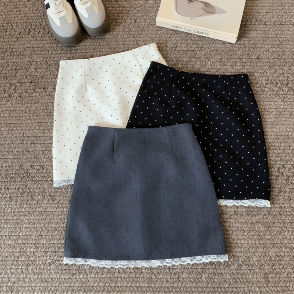 Sweet Elegant Mini Skirt High Waist Polka Dot Pattern Lace Skirt Retro Style Lace Ruffles Polka Dot Skirt Women Summer Wear