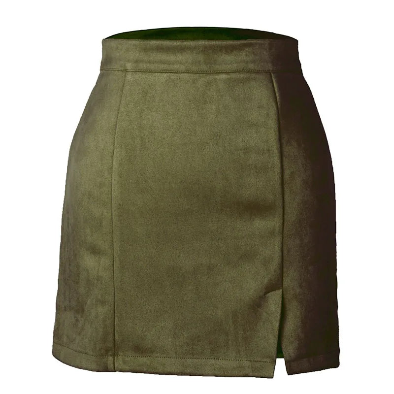 Autumn Winter Suede Short Skirts Women Sexy Split Bodycon Mini Skirt Woman Vintage Streetwear Zipper High Waist A-Line Skirts