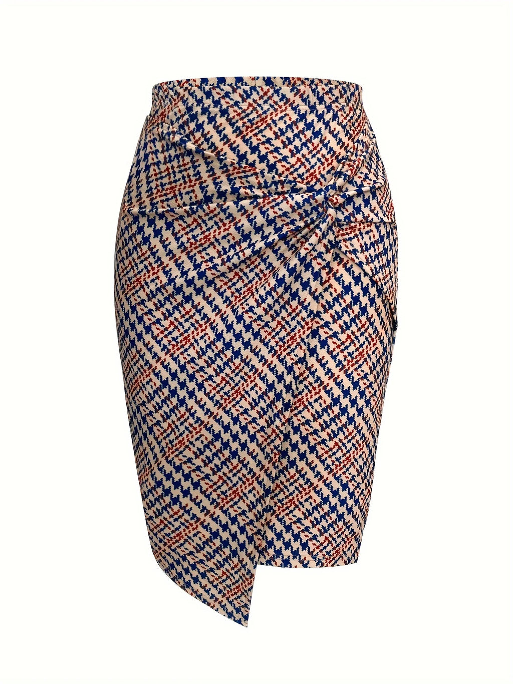 Women'S Houndstooth Print Pencil Skirt | Twisted Knot Midi Skirt with Asymmetrical Hem