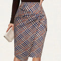 Women'S Houndstooth Print Pencil Skirt | Twisted Knot Midi Skirt with Asymmetrical Hem